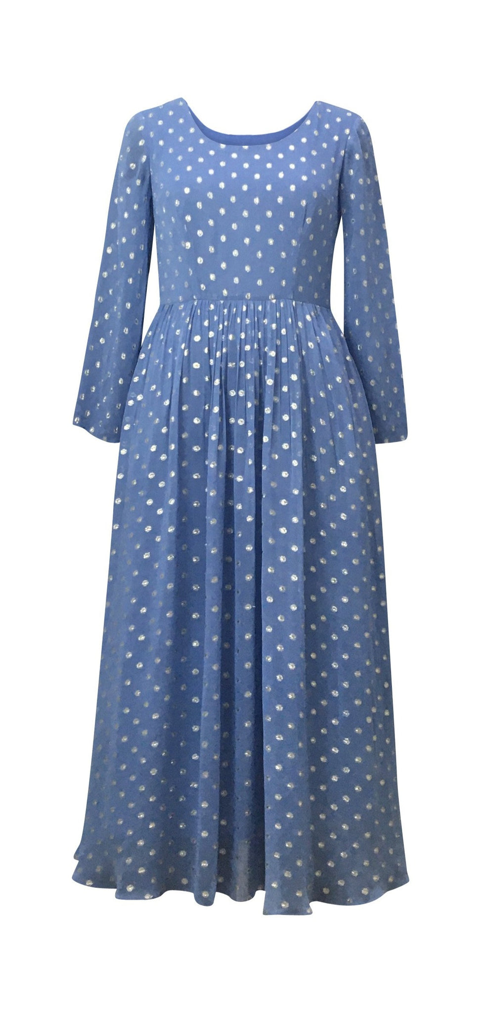 This modest pakistani dress is the easy go-to statement piece that will never go out of style.  Silver lurex flows through the soft blue/grey chiffon dress.